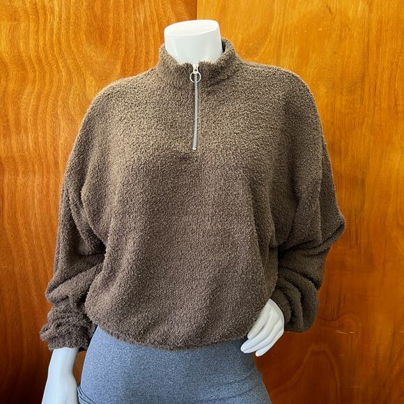 Reebok Cozy Cover Up Pullover Quarter Zip Fuzzy Brown Sweatshirt size XL - Picture 1 of 10